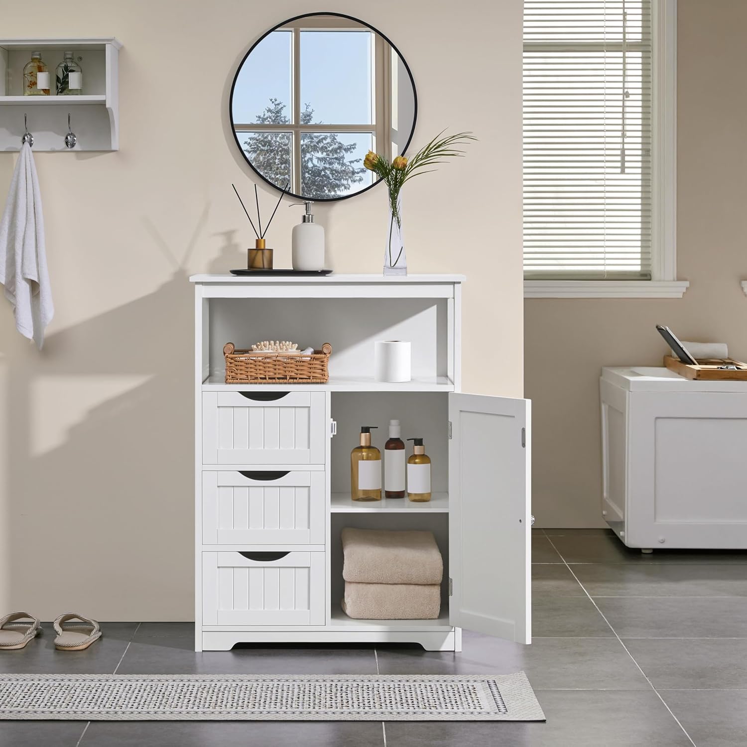 Yaheetech Bathroom Storage Cabinet Bathroom Floor Cabinet Freestanding Storage and Organizer with Door, 3 Drawers, Adjustable Shelf, 35.5 Inches Height, White