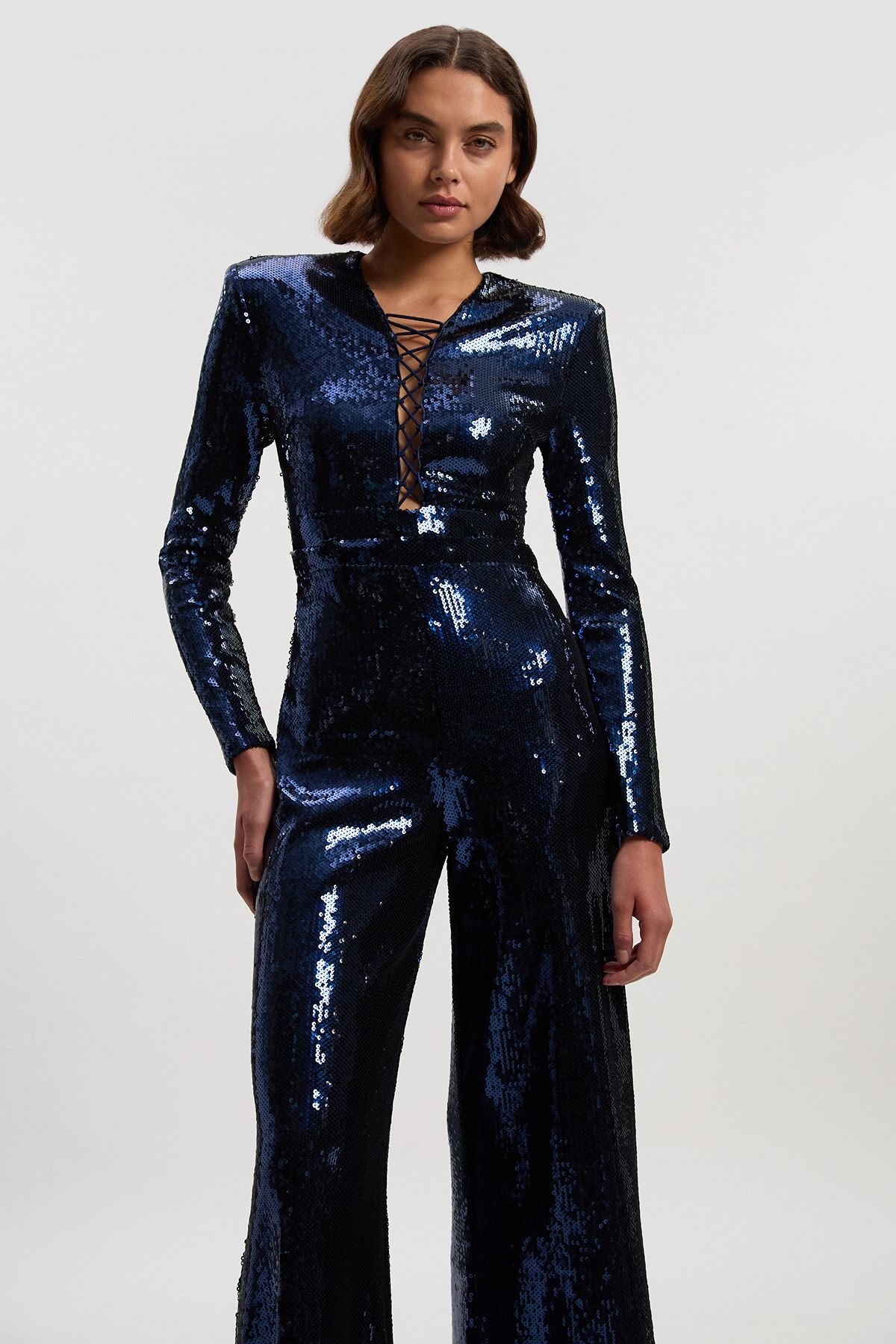 KarenMillen Sequin Power Mesh Lace Up Detail Long Sleeve Jumpsuit