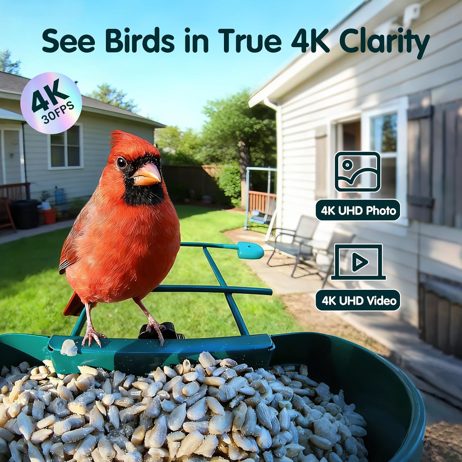 Bird Feeder with Camera  4K Ultra HD Video with 30fps Live View  10x Slow Motion  No Subscription  Solar Powered AI Smart Bird Feeder with Camera  2.4G/5G Wi-Fi  Durable Metal Bird Lover Gift