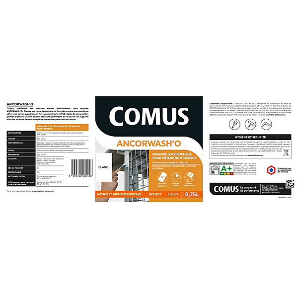 ANCORWASH'O BLANC 0.75L - Primaire d'accrochage en phase aqueuse pour métaux non ferreux et PVC rigide - COMUS