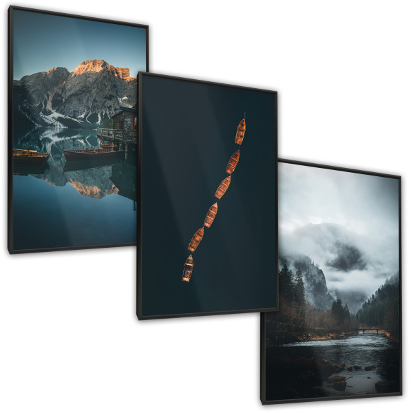 ZESTAW 3x Plakat Łódki Na Górskim Jeziorze Efekt 3D 30x40cm