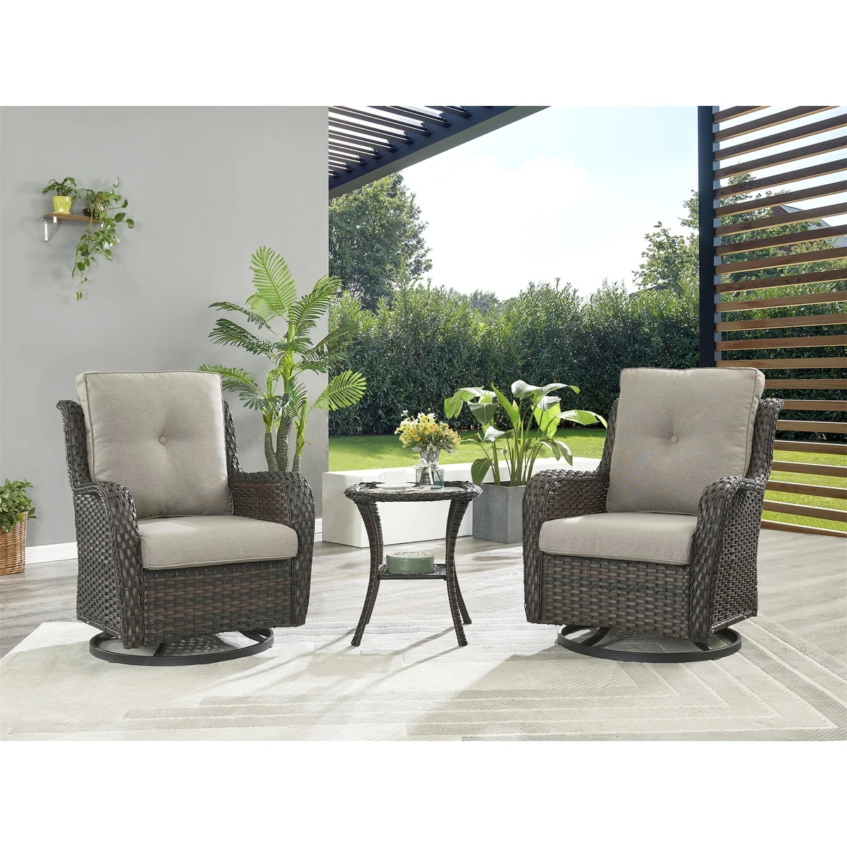 Gymojoy Outdoor 3-piece Steel Wicker Swivel Chair Table Set