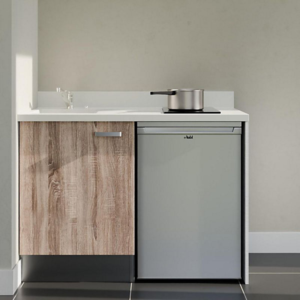 Kitchenette K08 - 120 cm - façades Bois - Plan monobloc en quartz coloris Snova évier à gauche - Electroménager Inox