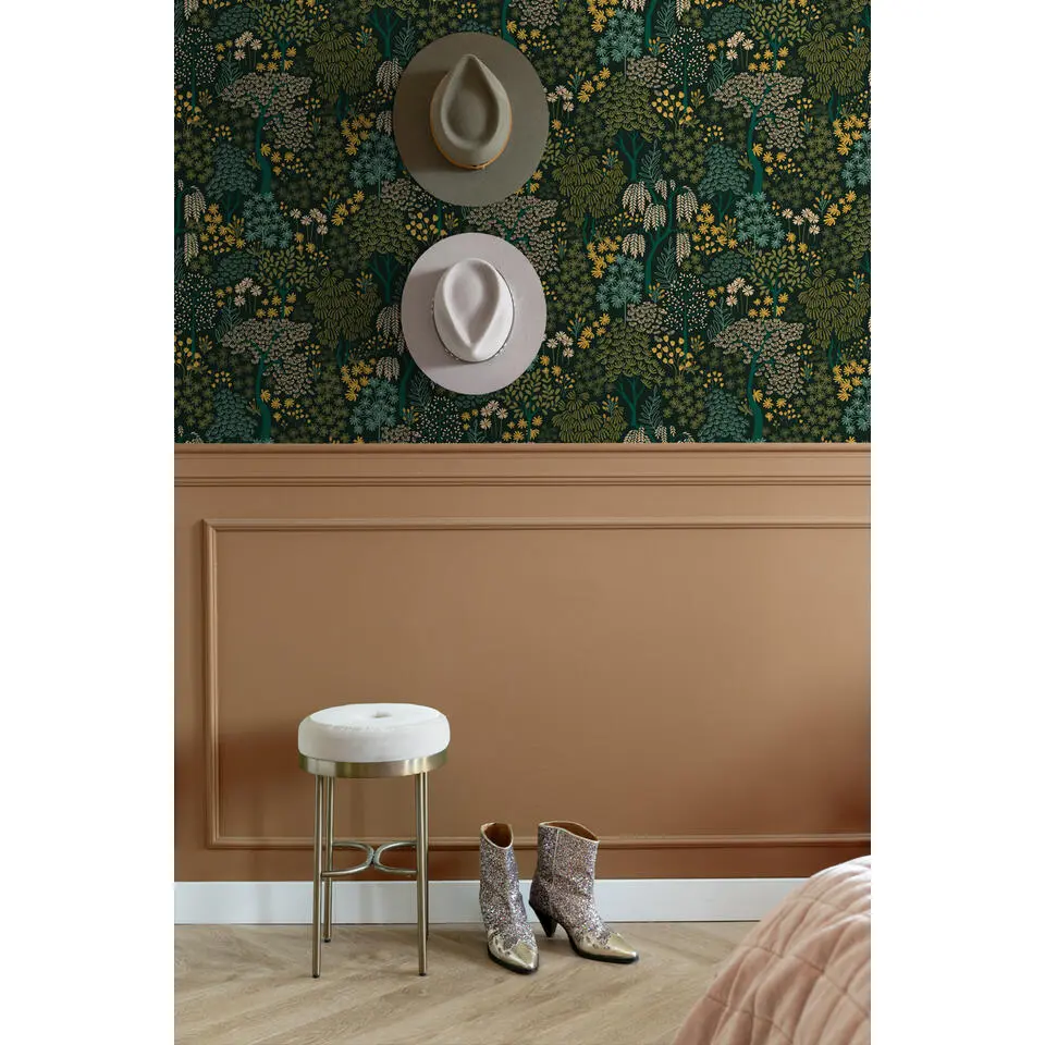 ESTAhome behang bomen en bloemen blauwgroen en geel - 50 x 900 cm