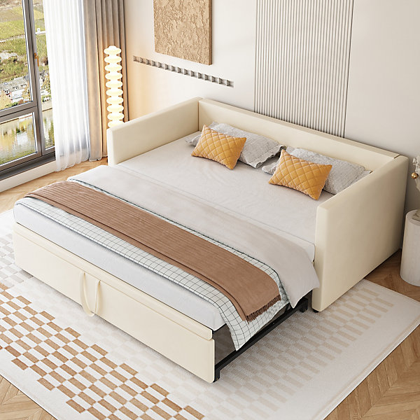 Canapé-lit 90x200 cm convertible en 180x200 cm avec sommier à lattes, tissu velours beige