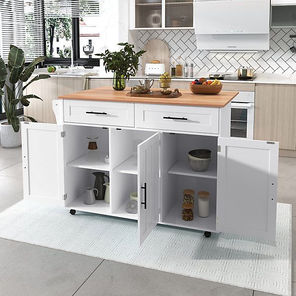 desserte Îlot de Cuisine avec Plateau Pliant et Tiroir, Table Roulante en MDF, 129 x 71 x 91,5 cm, Blanc