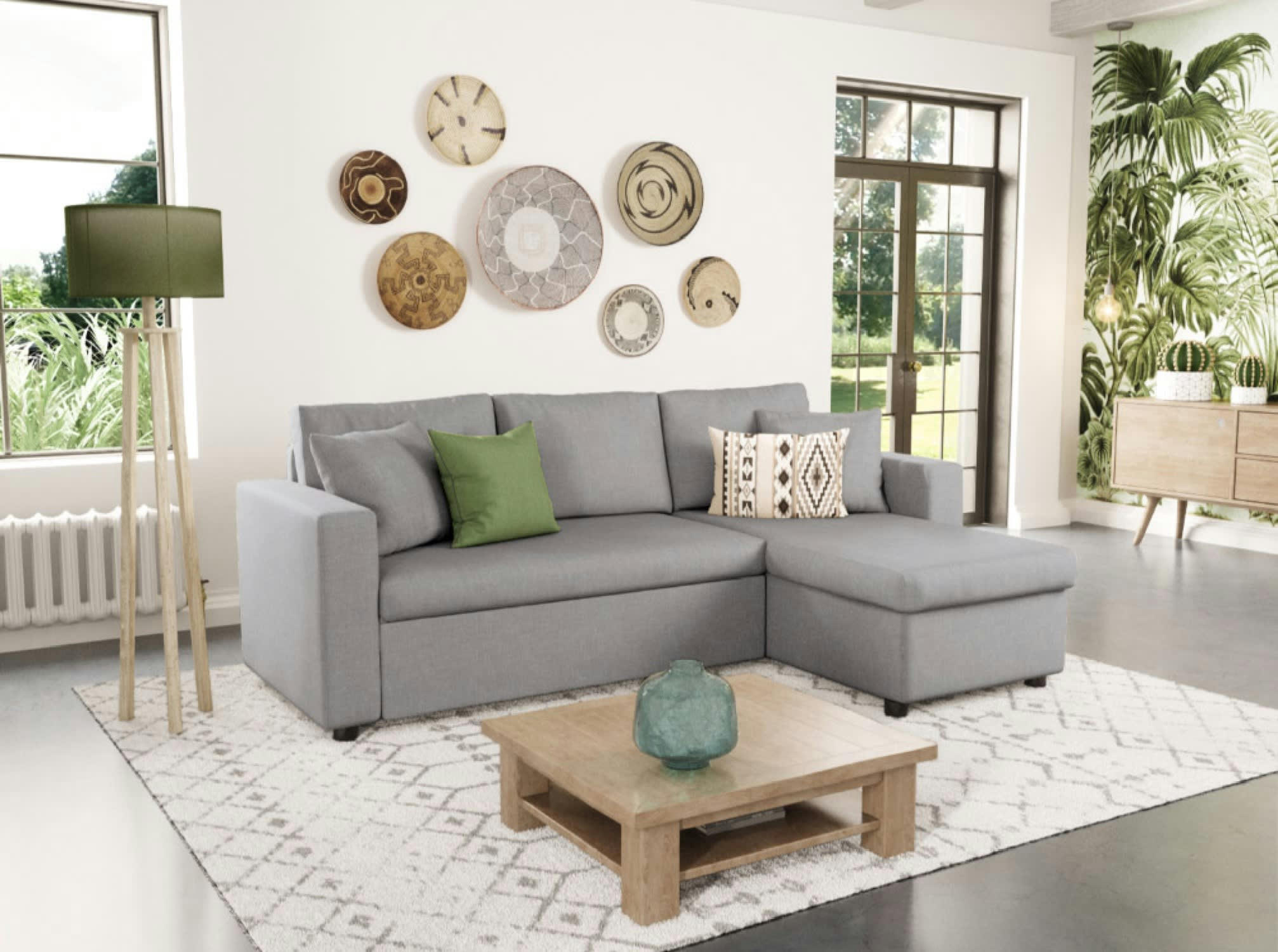 MARIA - Canapé d'angle réversible convertible avec coffre en tissu gris clair