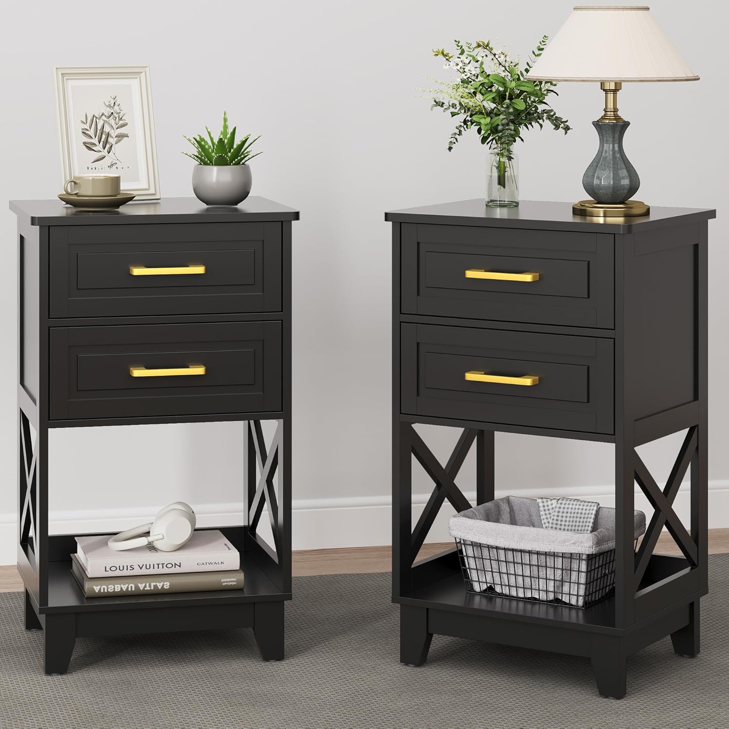 RoyalCraft 30'' Tall Nightstand Set of 2, Modern Painted Bedside Table with 2 Drawers and Open Shelf Below, Wood Side Table for Bedroom, Home Office, Black