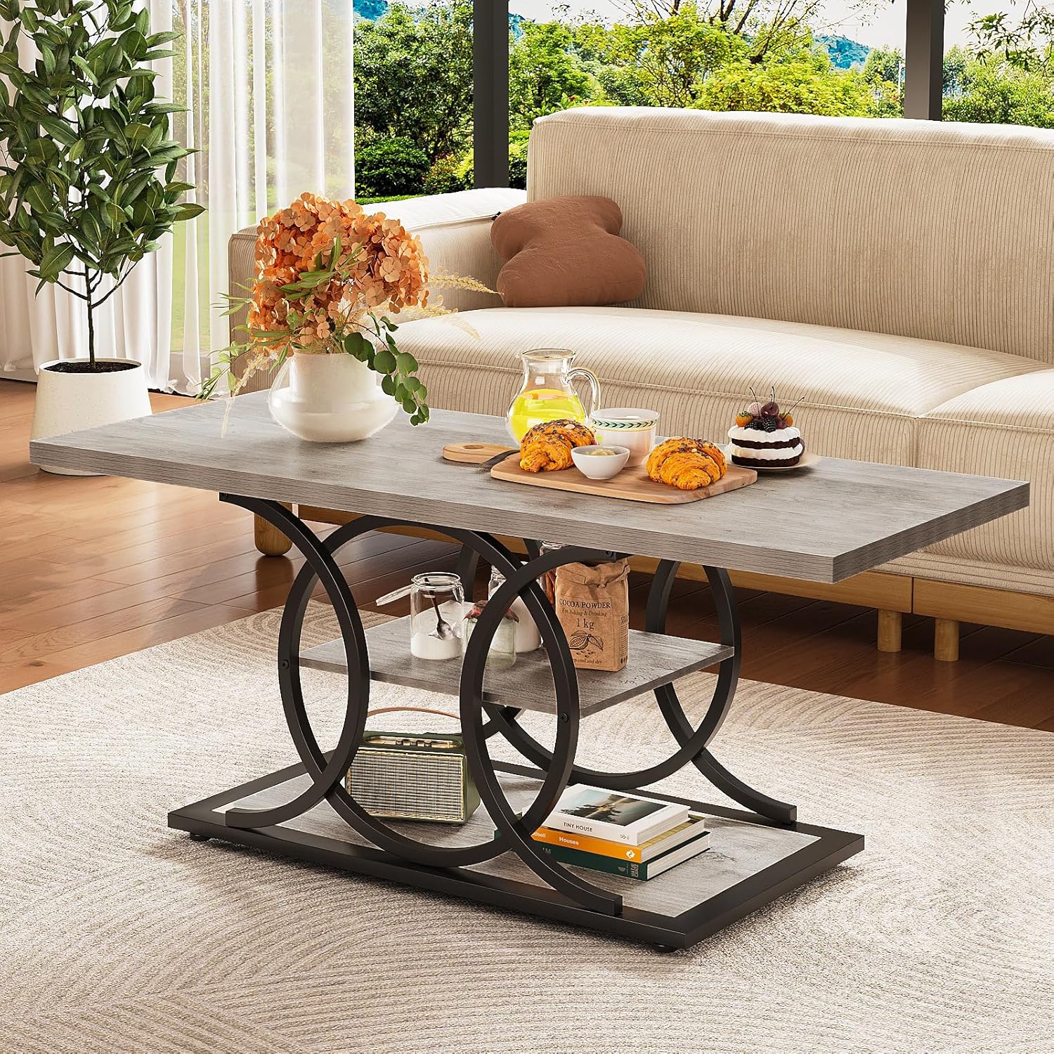 GiftGo Rustic Coffee Table with Storage Industrial 3 Tier Center Living Room Table Farmhouse Wooden Rectangle Cocktail Tea Table for Office Bedroom Elegant Full Moon Design (Vintage Gray, L-47)