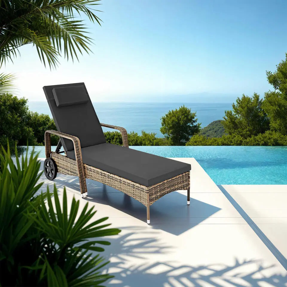 tectake - Wicker Ligbed Verstelbaar Rotan Met Kussen - Naturel Donkergrijs