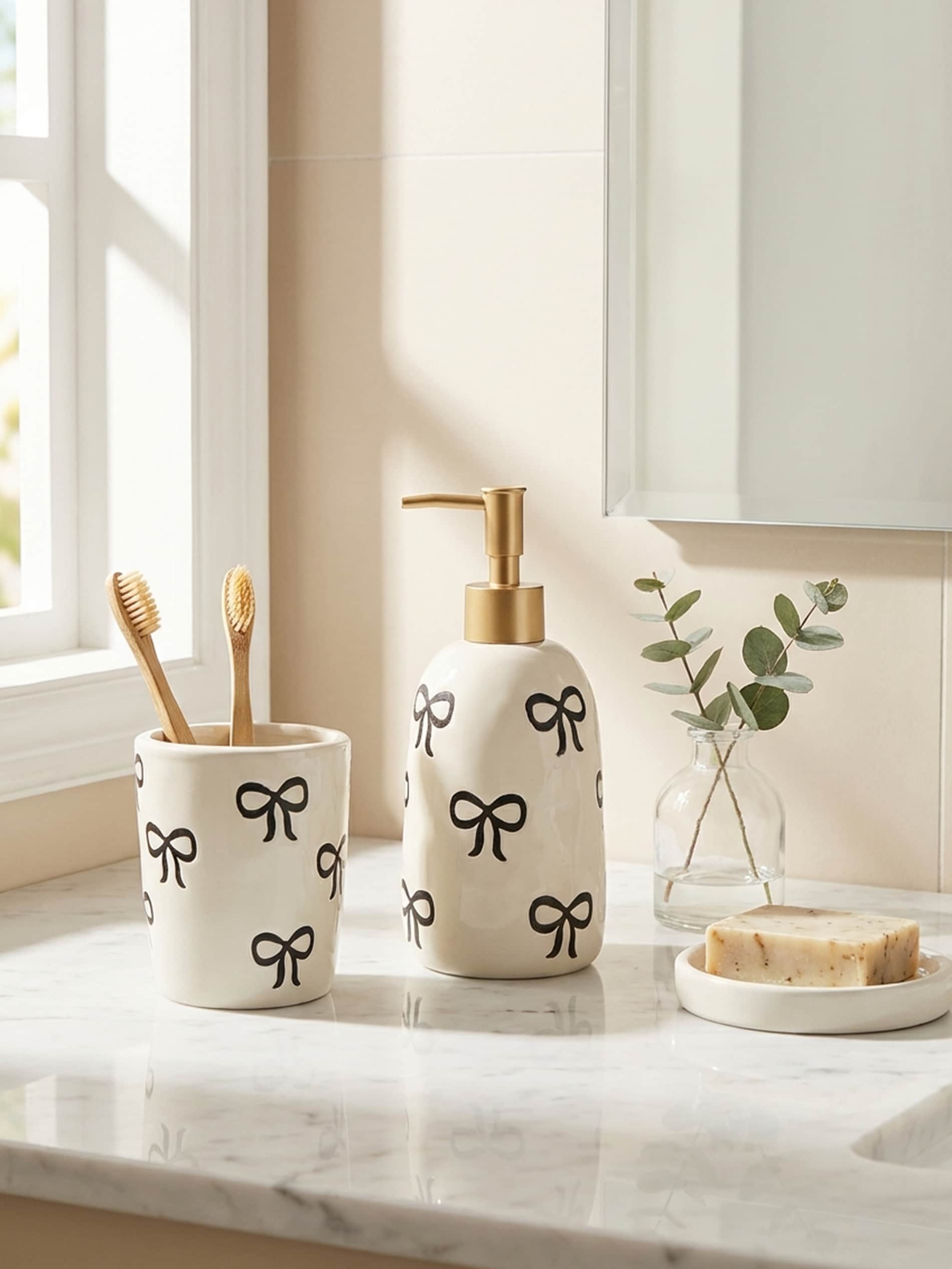 Ceramiczny zestaw łazienkowy z motywem kokardek 2 pack