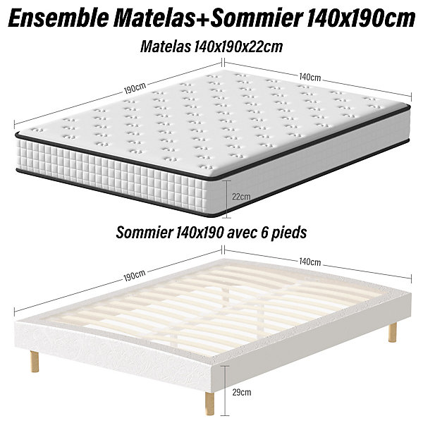 Ensemble Matelas en Mousse  Lit Sommier Tapissier Déco 140x190cm, Epaisseur du Matelas 22cm