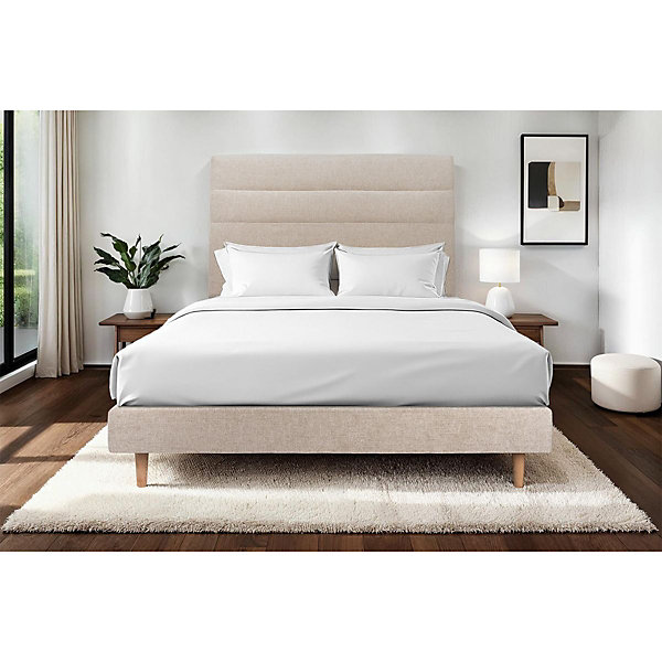 Lit avec tête de lit lignes tissu et sommier tapissier- Lit en bois massif