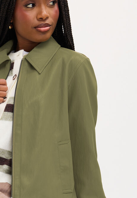 Womens Green Faux Leather Zip Jacket