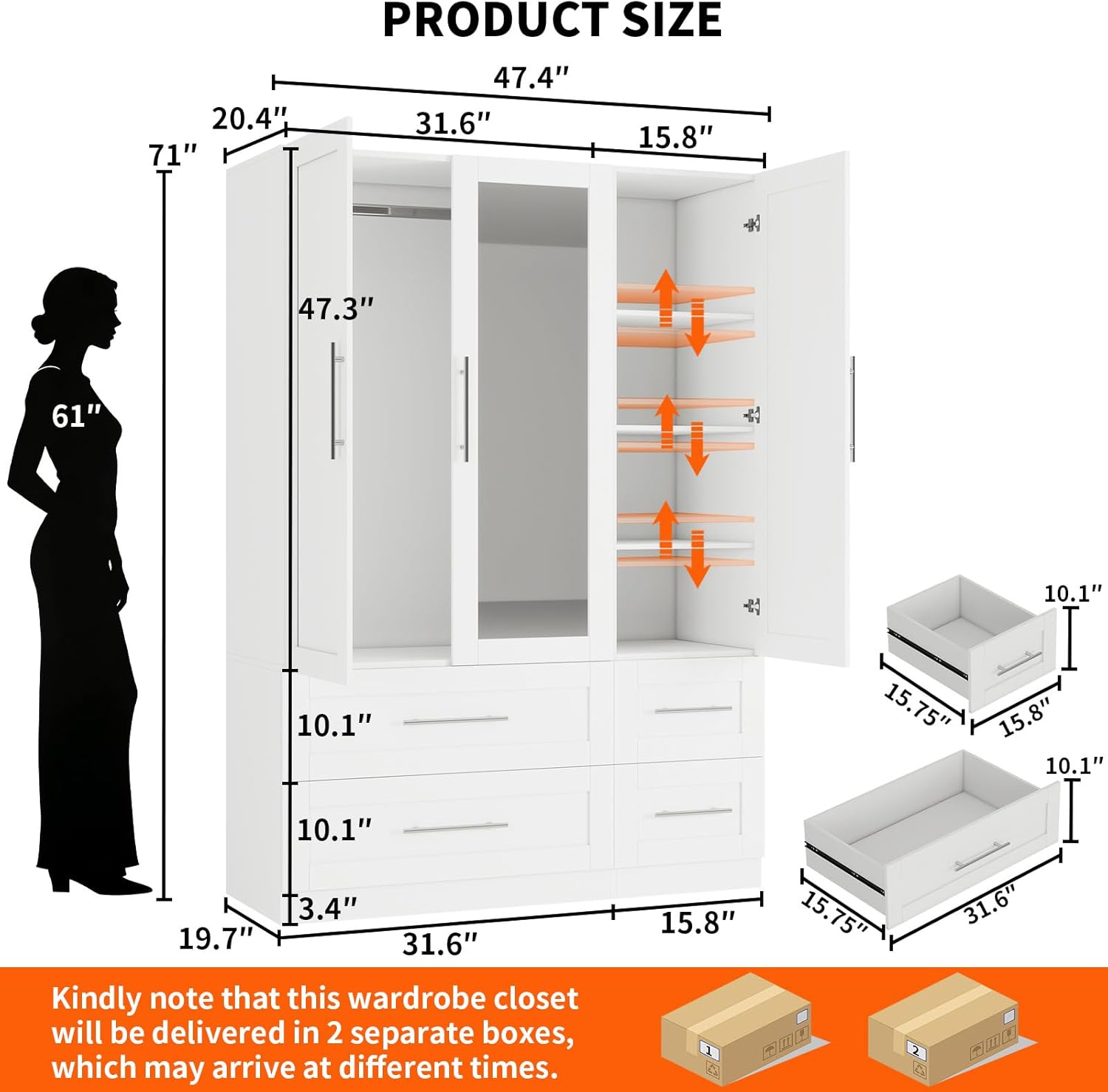 fastgo Armoire Wardrobe Closet with 3 Doors and 4 Drawers, 71 Tall Bedroom Armoires with Mirror, 20.4 Deep Large White Wardrobe Cabinet, Wooden Closet with Hanging Rod and 3 Adjustable Shelves