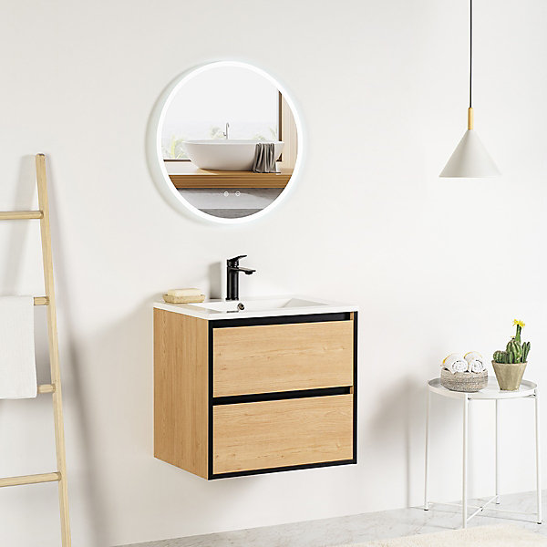 Pack Meuble prémonté 60 bois détail noir-Vasque résine-Robinet noir - bain-bain