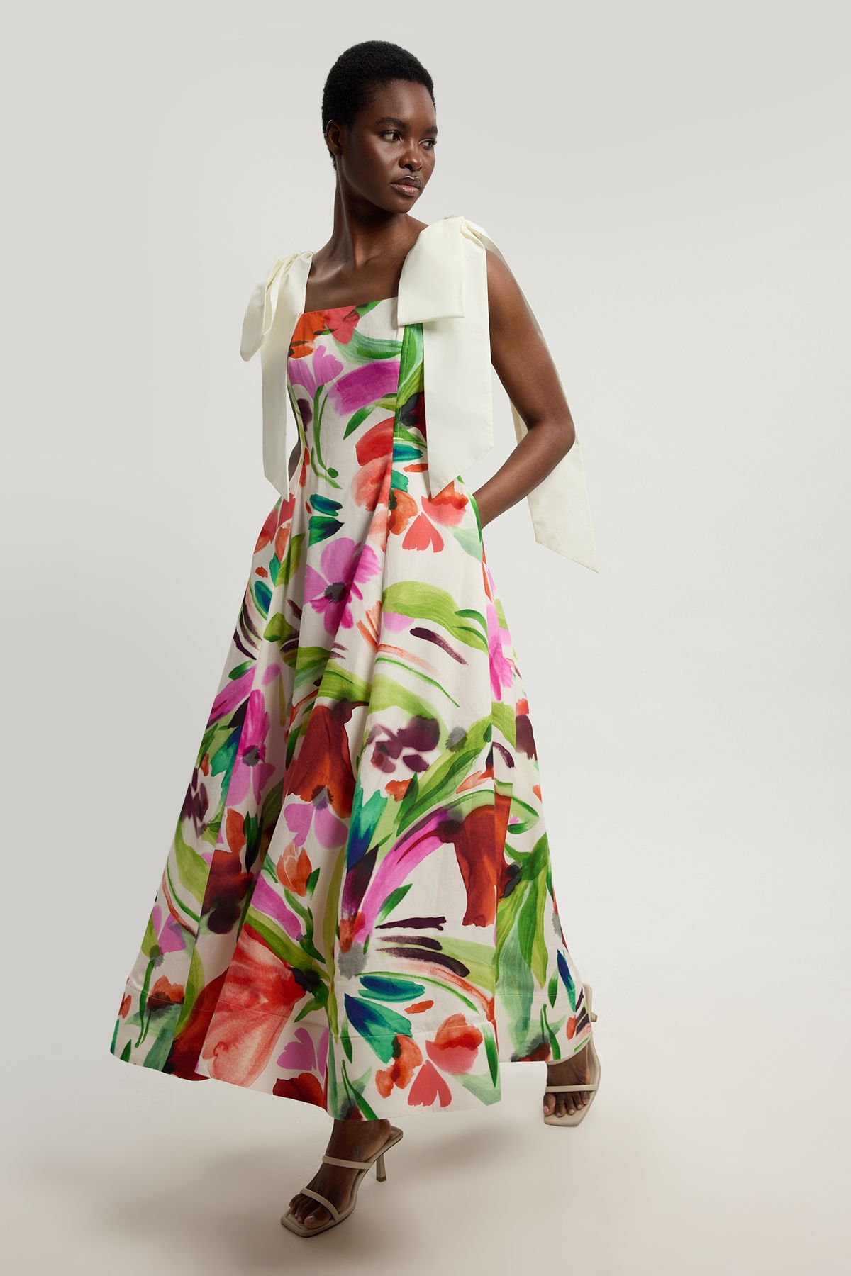 KarenMillen Viscose Linen Floral Print Woven Prom Dress