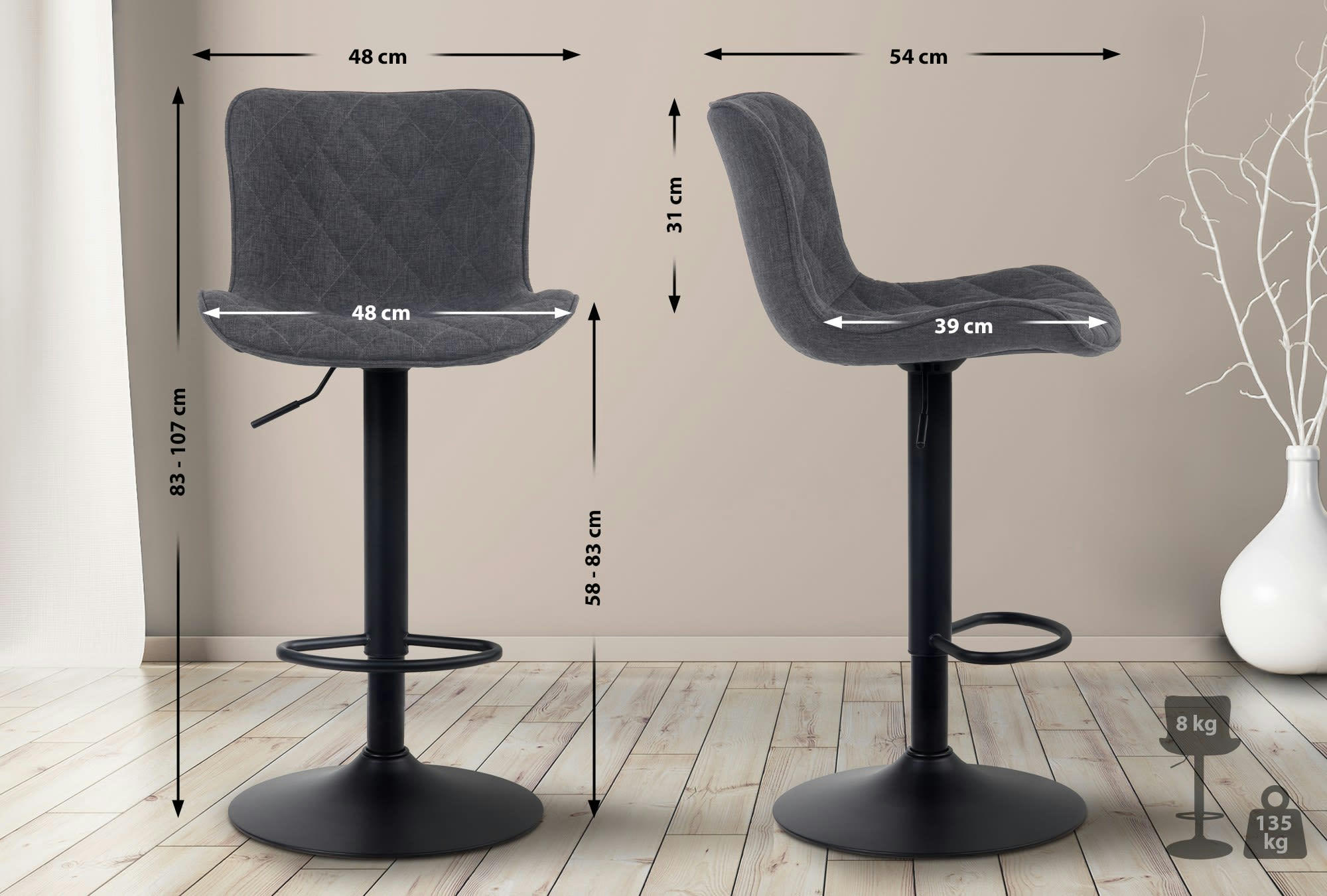 EMMA - Tabouret de bar ajustable pivotant tissu Noir