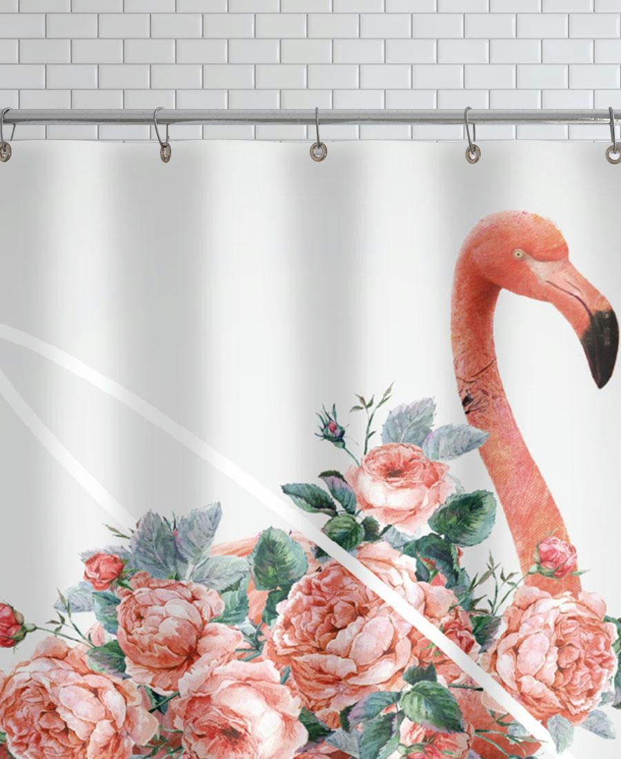 FLAMINGO - Rideau de douche en polyester en blanc & rose 150x200