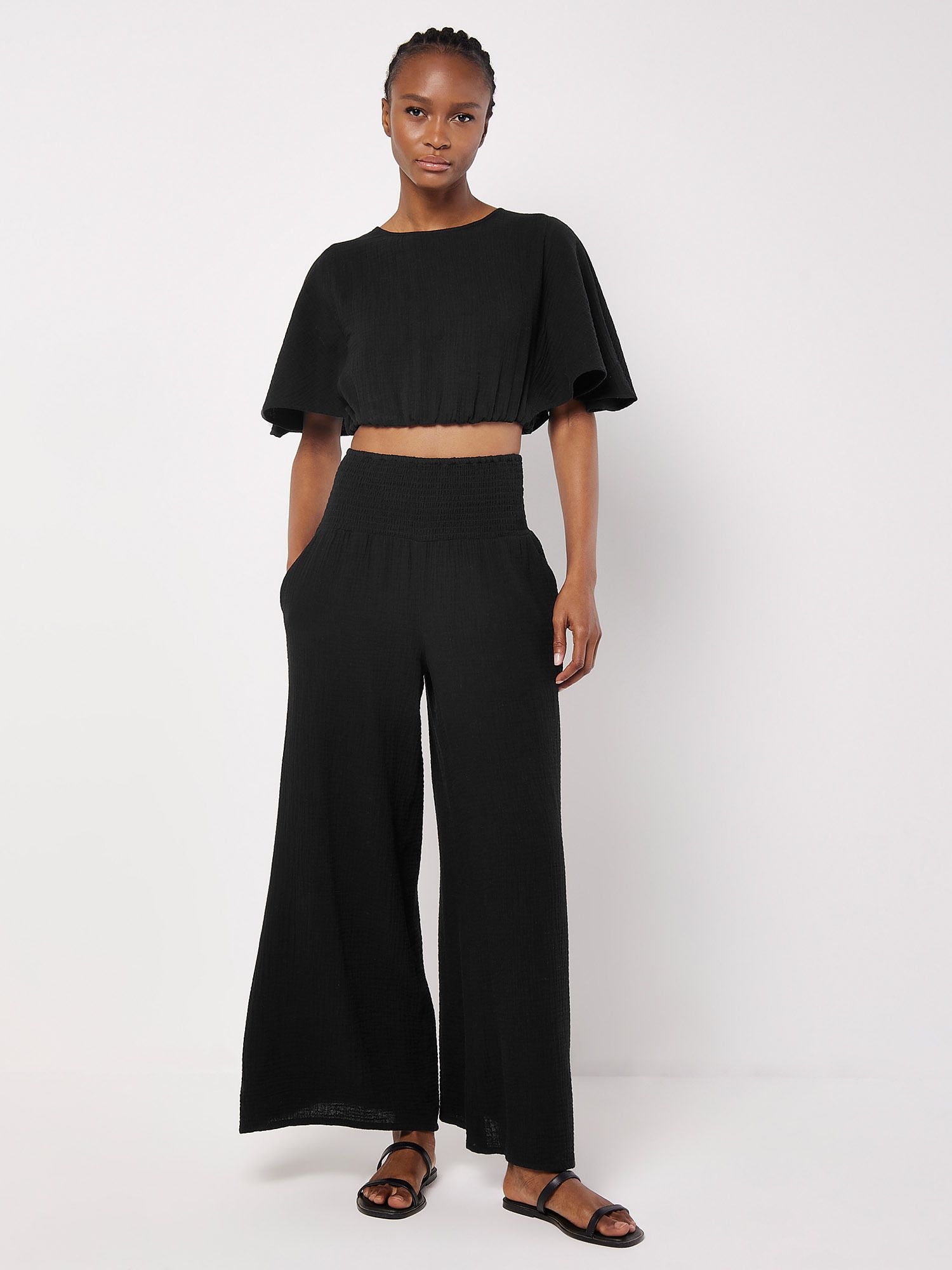 Apricot Smocked Waistband Palazzo Trousers