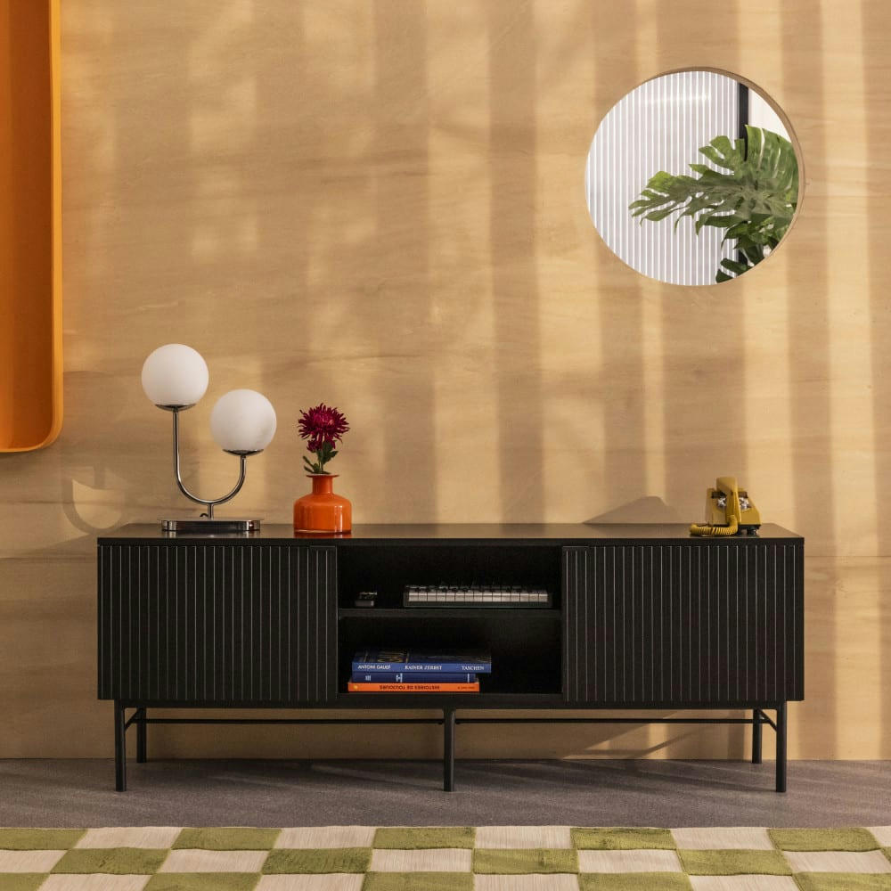 MOLLY - Meuble tv 2 portes, 2 niches en bois et métal L150cm noir