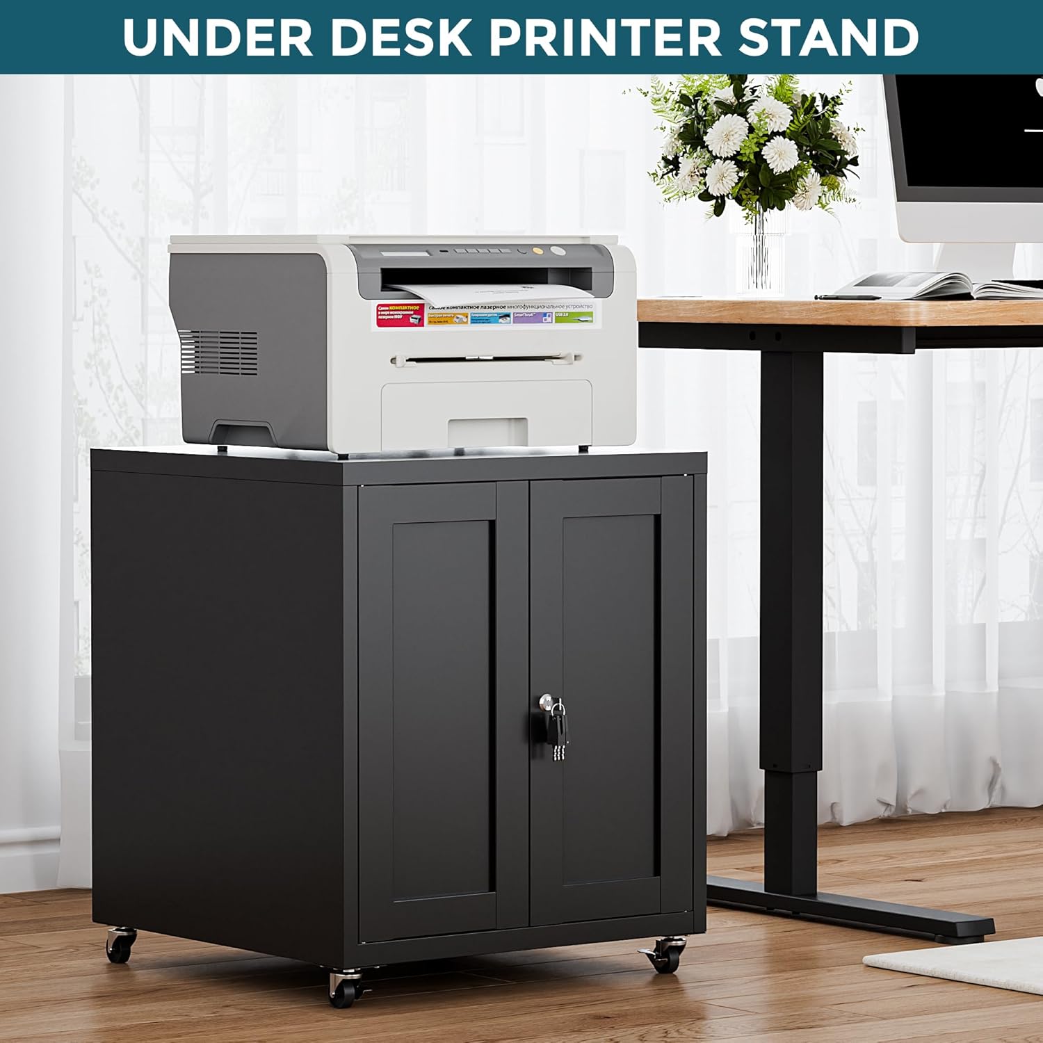 Large Printer Stand with Storage and Lock, 3D Heavy-Duty Printer Cabinet, Printer Table for Home Office with Doors and Adjustable Shelves, for Office Copier and Fax Machine, Black