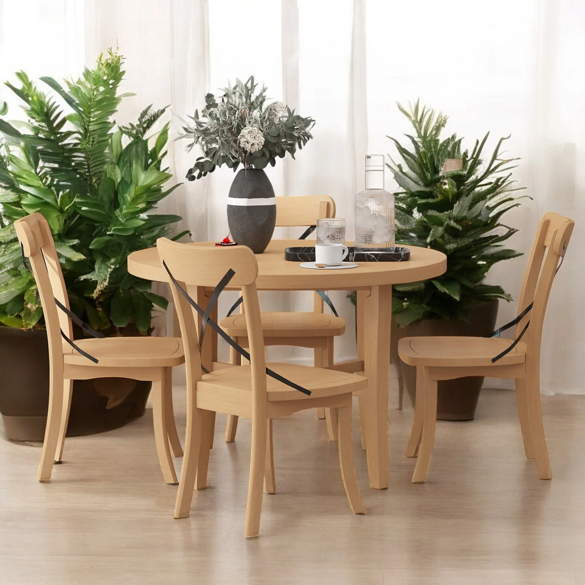 5-Piece Round Dining Table Set with 4 Cross-Back Chairs, Rubber Wood Kitchen Table for Dining Room or Small Spaces