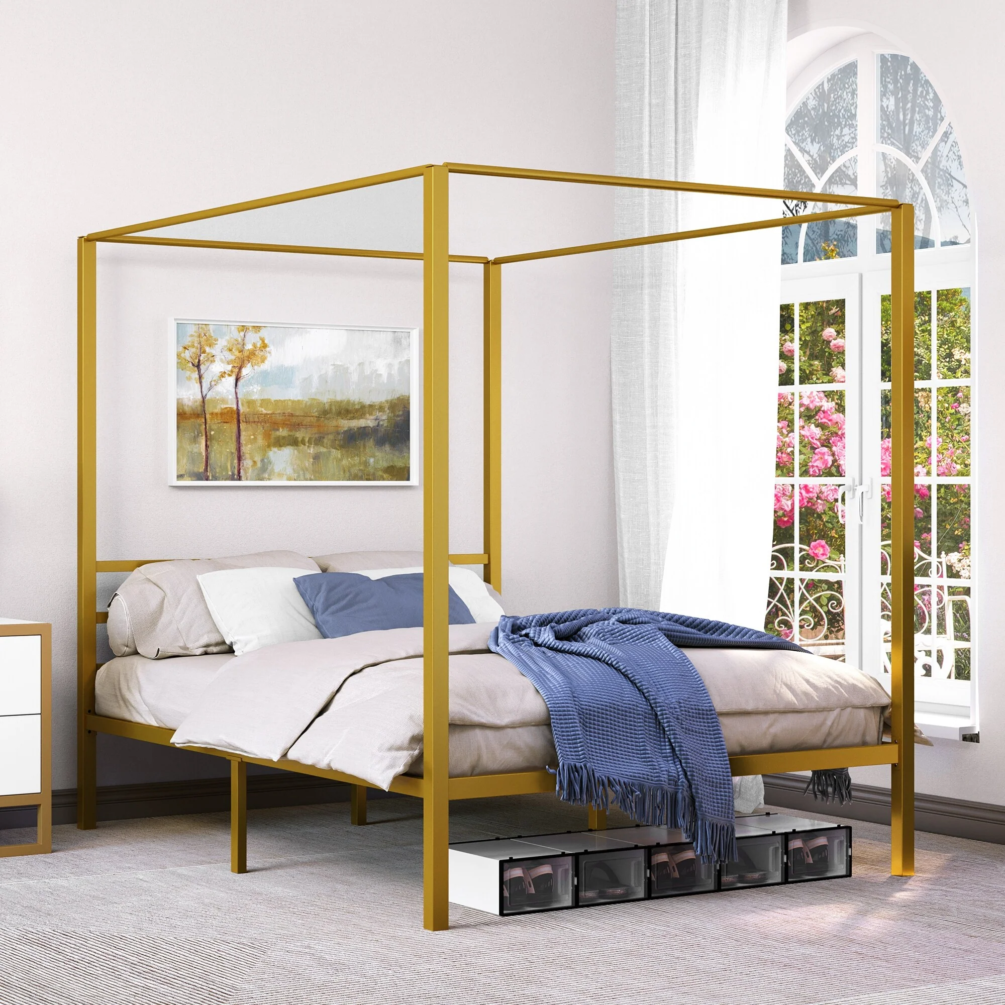King/Queen Gold Metal Canopy Platform Bed Frame