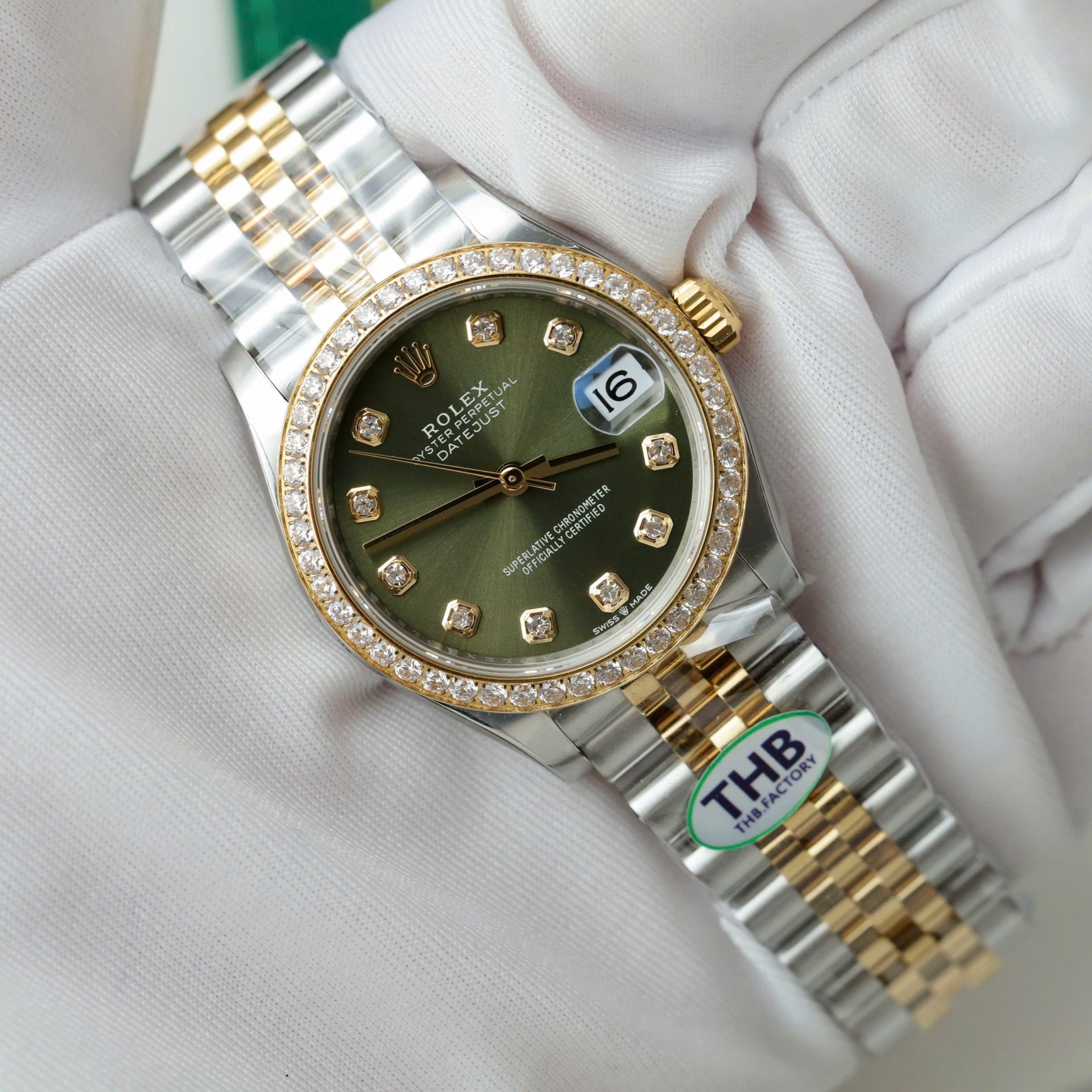 Rolex Datejust SS/YG Plated Green Dial CZ Diamonds 31mm Jub THBF Replica