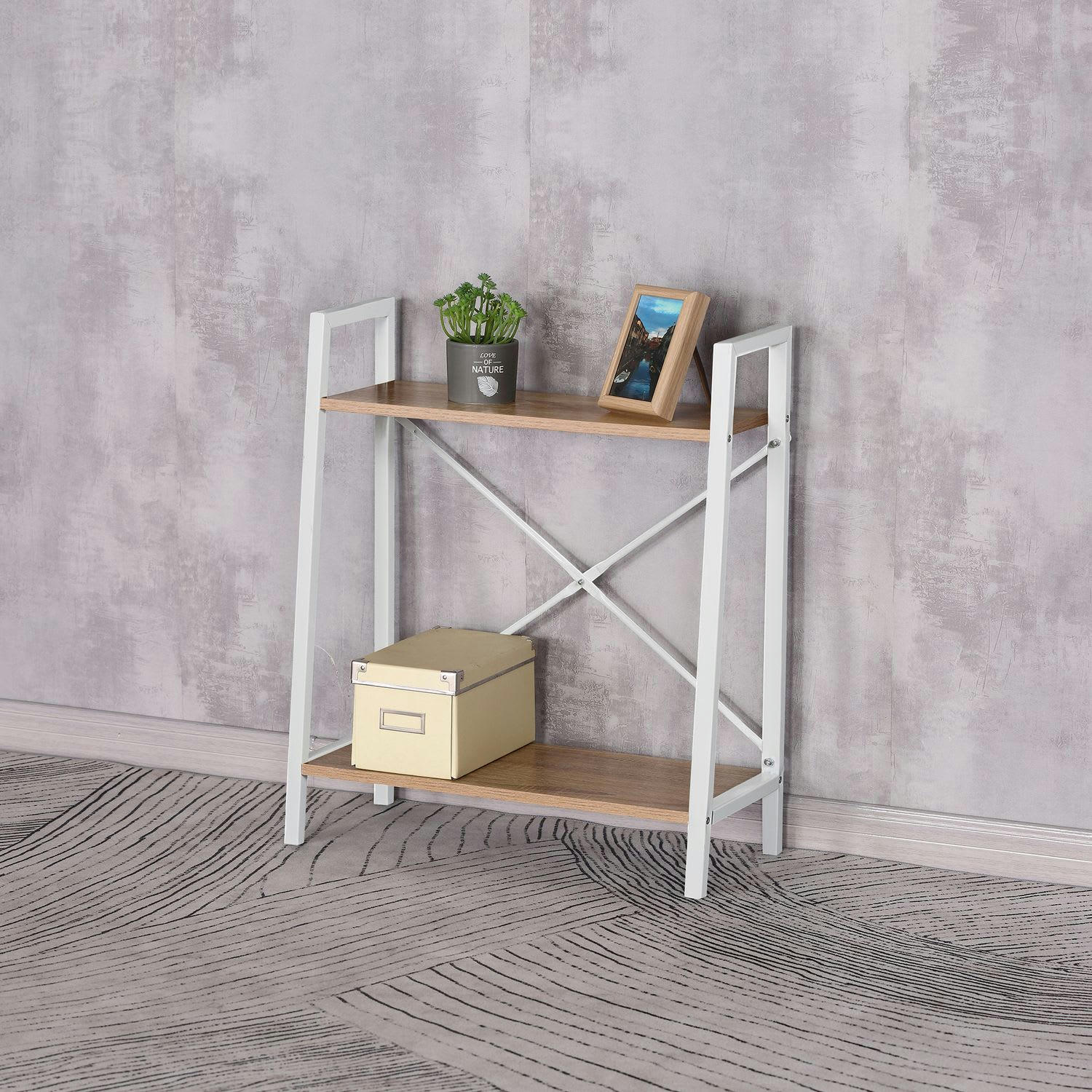 - Etagère à 2 planches en bois et métal blanc