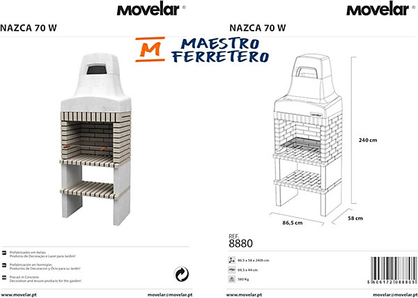 MOVELAR - Barbecue préfabriqué à bois et charbon de bois Nazca 70 (Beige - 86,5x58x240 cm) REF : 8880 - Usage Extérieur