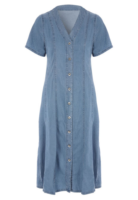 Womens Blue Denim Look Seam Detail Button Front Dress