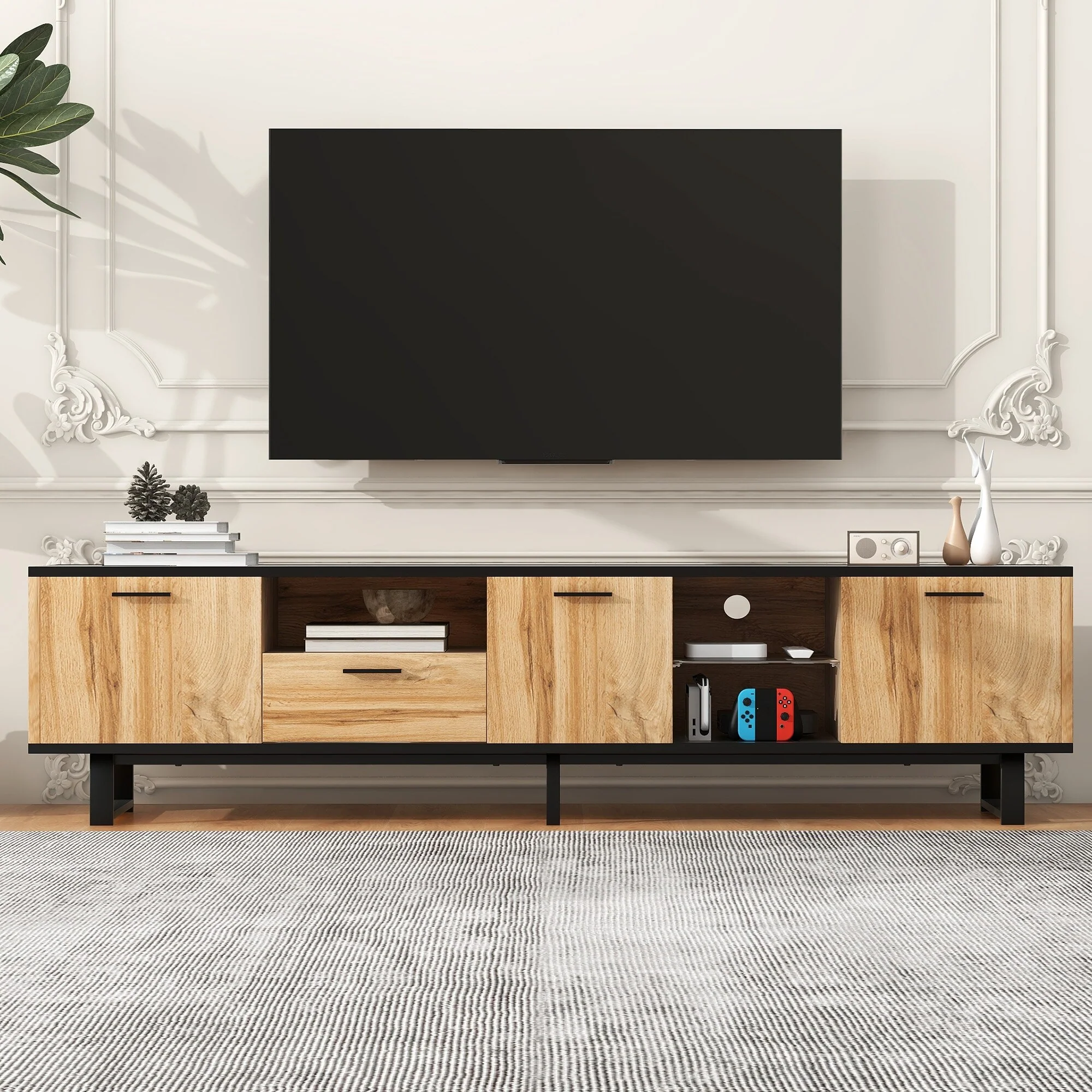 Wood 70.86 TV Stand with Drop Down Door, 4 Cabinets and Open Shelves for TVs Up to 80