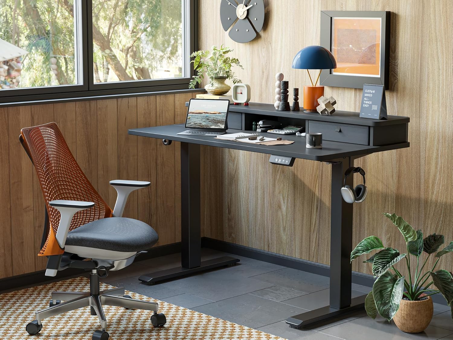 TIQLAB Standing Desk with Two Drawers, Stand Up Standing Desk Adjustable Height, Electric Sit Stand Table with Storage Shelf and Splice Board, 48 * 24 inch, Black