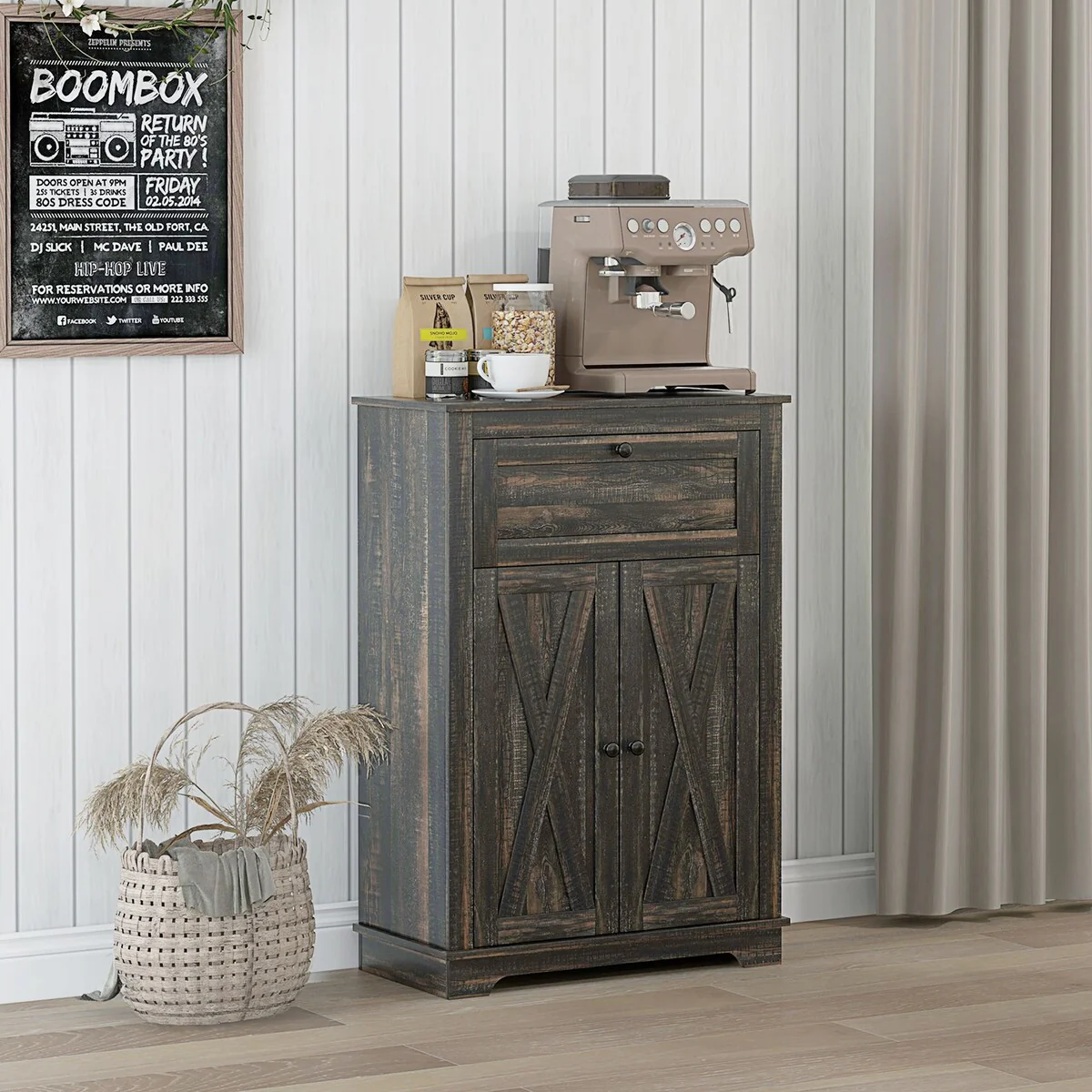 HOMCOM Farmhouse Barn Door Accent Cabinet, Kitchen Sideboard Storage Cabinet with Double Doors, Drawer, and Adjustable Shelf