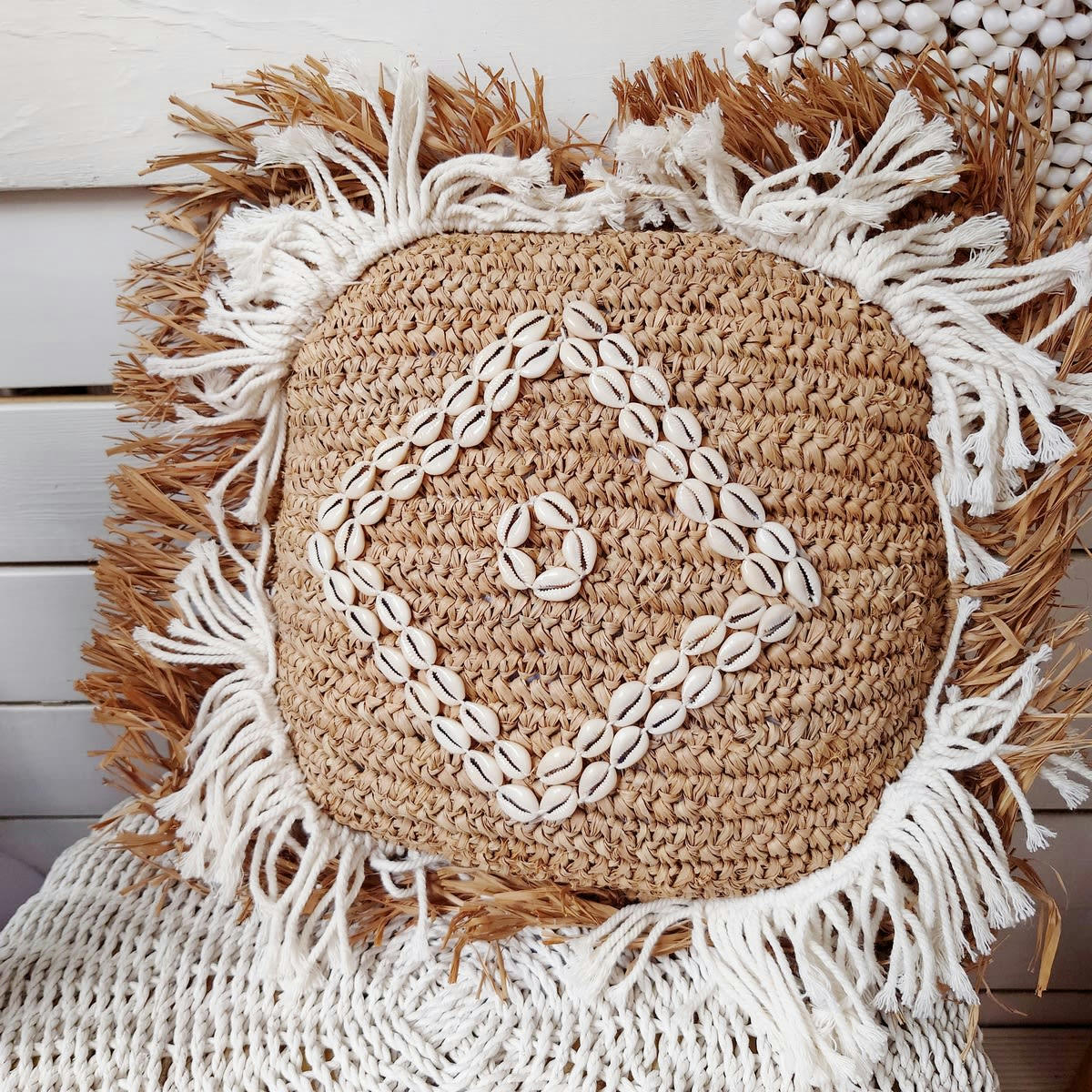 SHELLY - Housse de coussin en raphia et macramé, beige/blanc 40x40