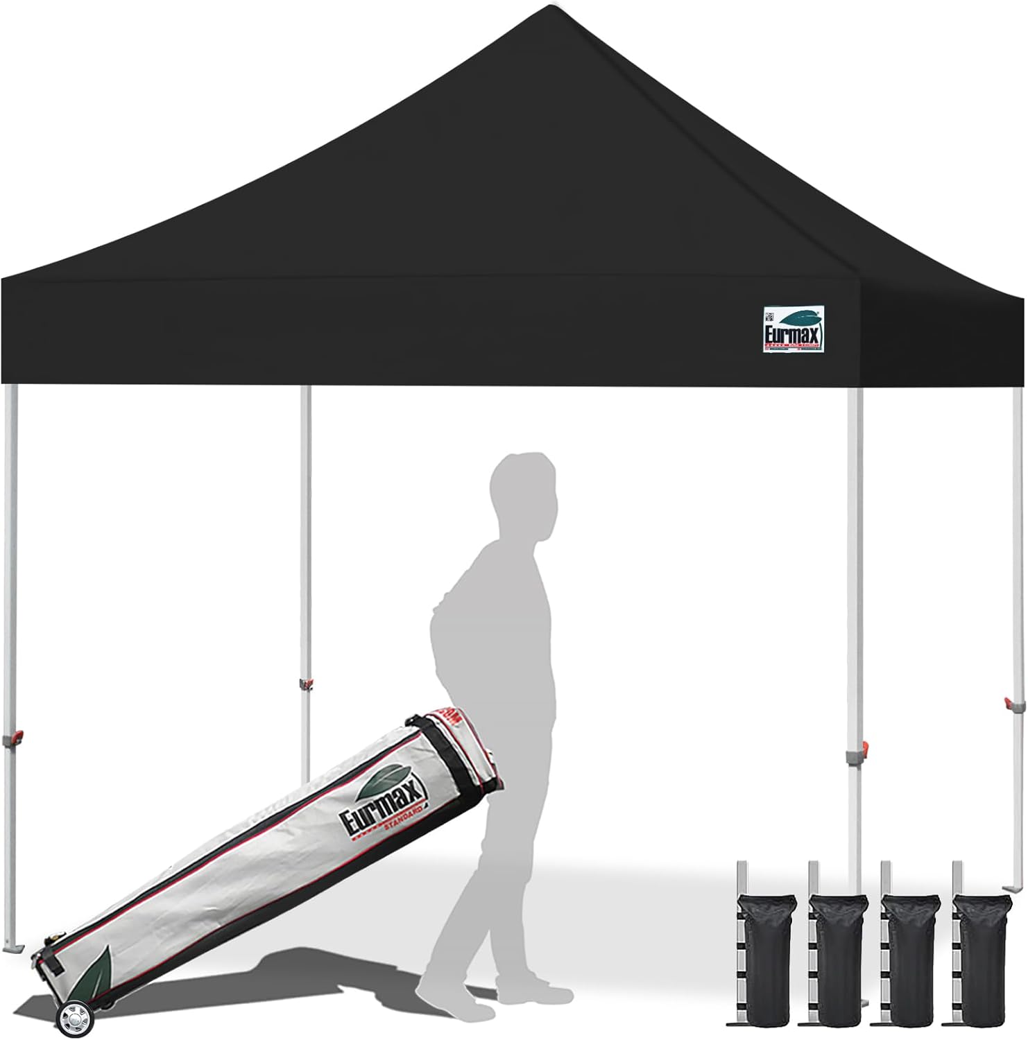 Eurmax USA 10x10ft Pop Up Canopy,Commercial Instant Tent for Outdoor Events,Patented No-Tip Rolling Storage Bag with 4 Sandbags,UV & Water Resistant,Heavy Duty Portable Shelter Gazebo,Black