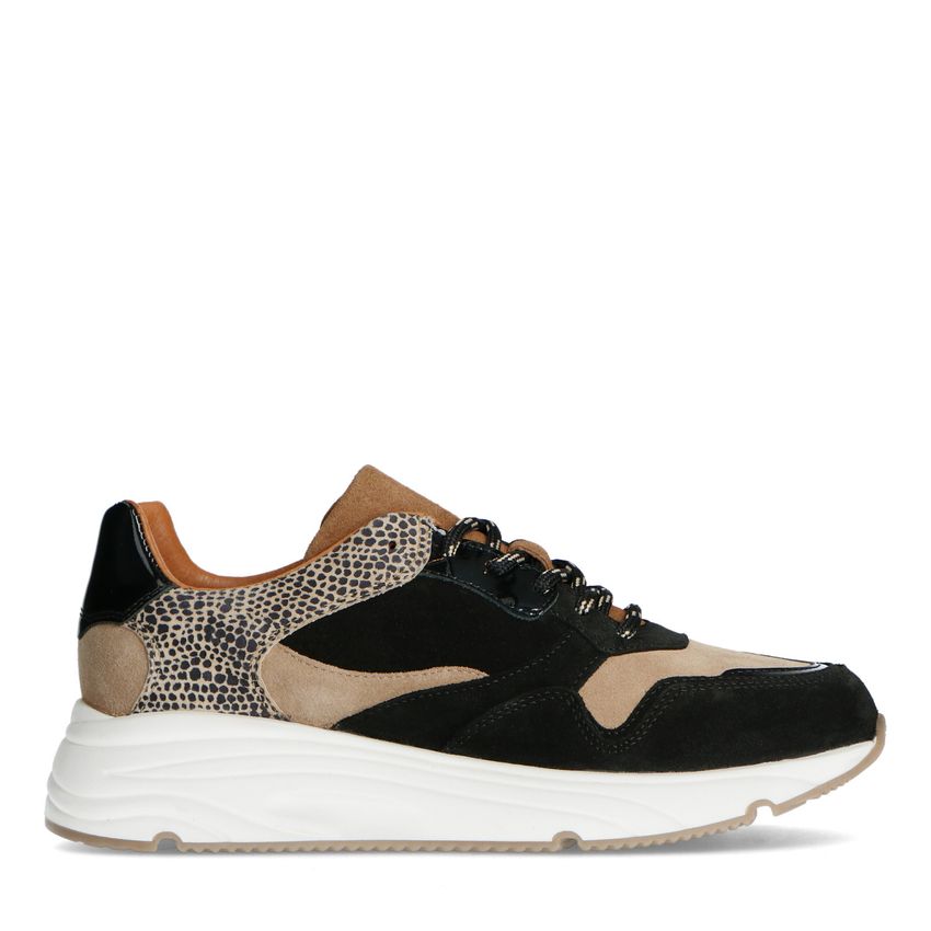 Manfield Zwarte lage sneakers met cheetahprint
