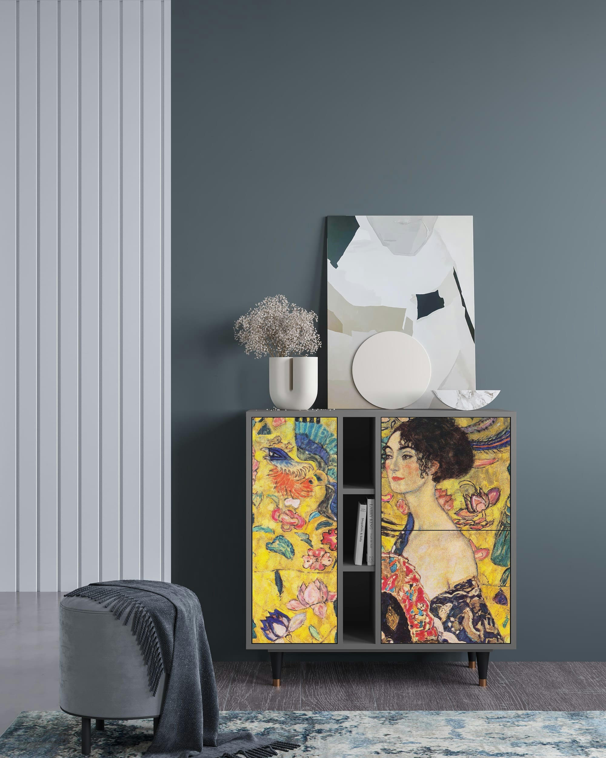LADY WITH FAN BY GUSTAV KLIMT - Buffet  jaune 3 portes L 94 cm