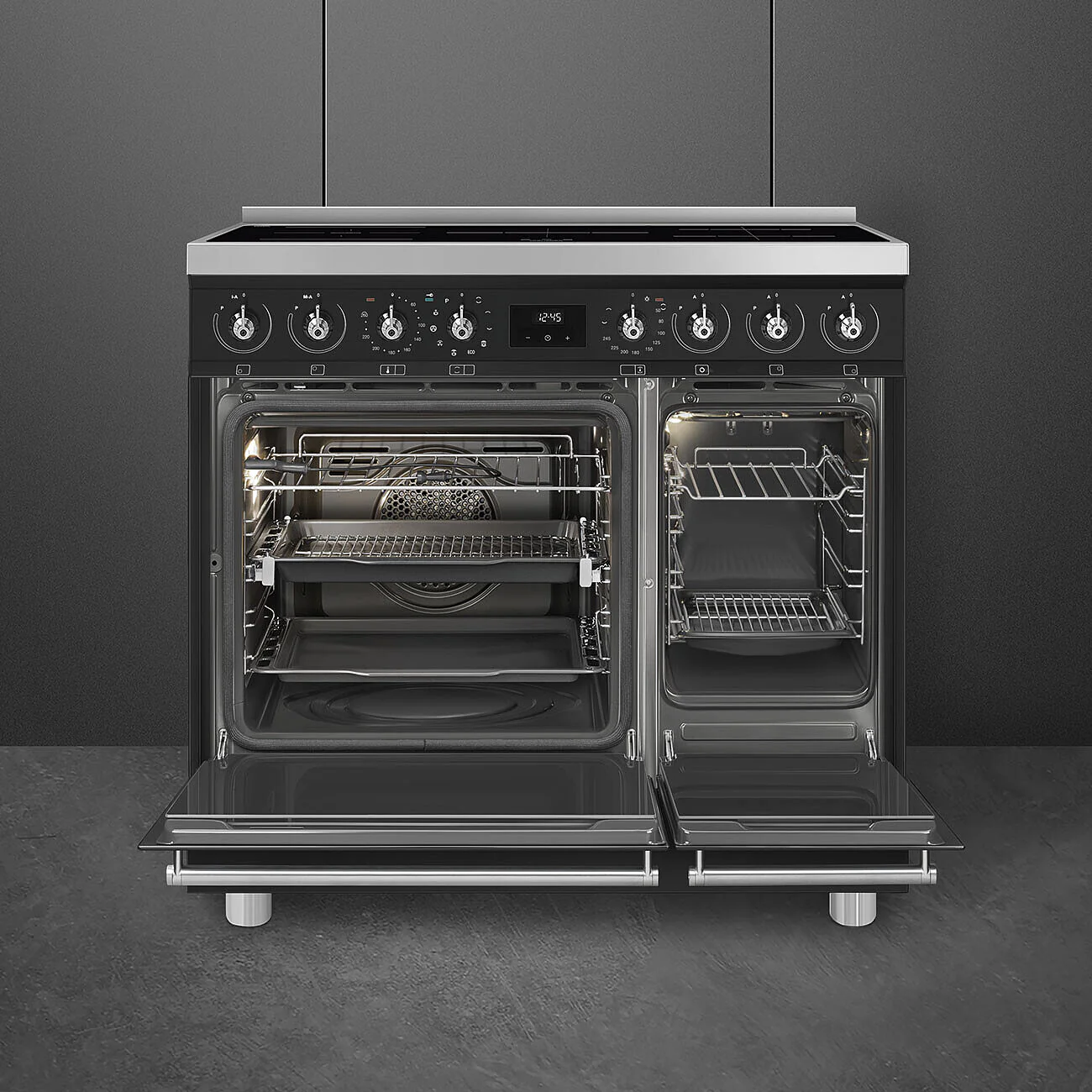 90cm Black Double Cavity Pyrolytic Cooker with Induction Hob