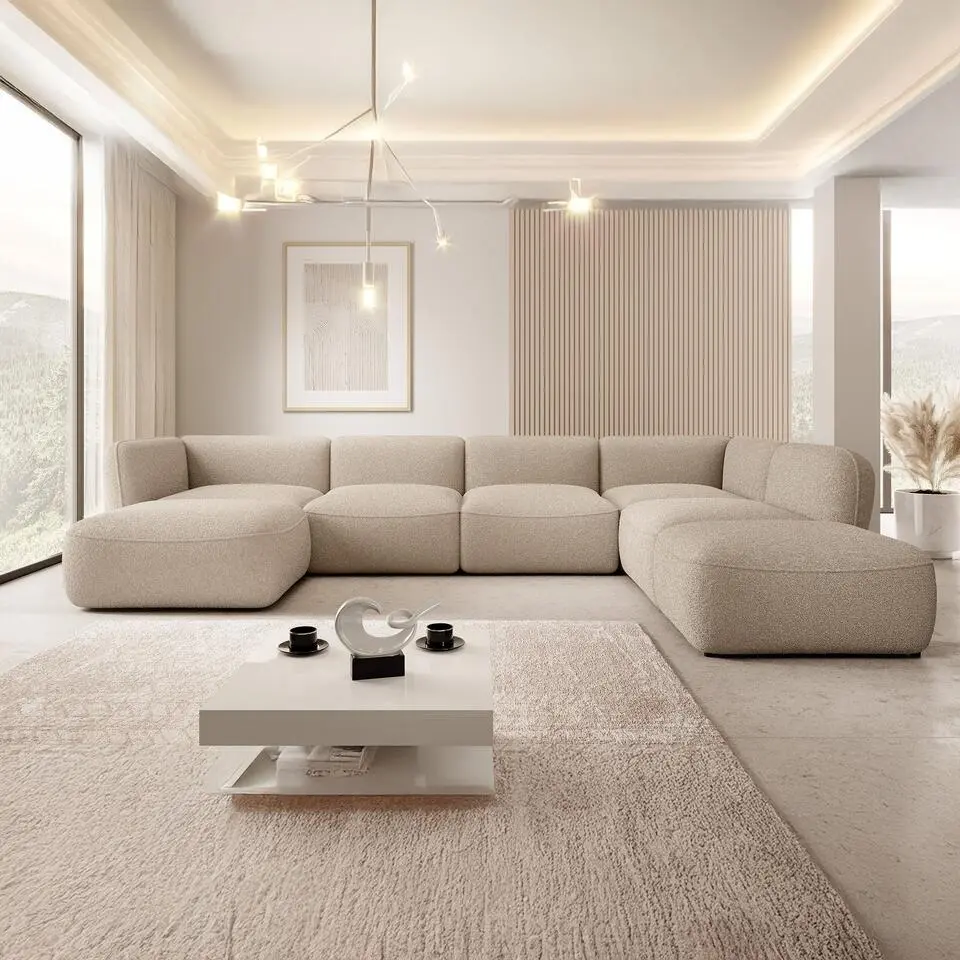 Meubella - Hoekbank Caesar - Taupe - Teddy Boucle stof - Rechts