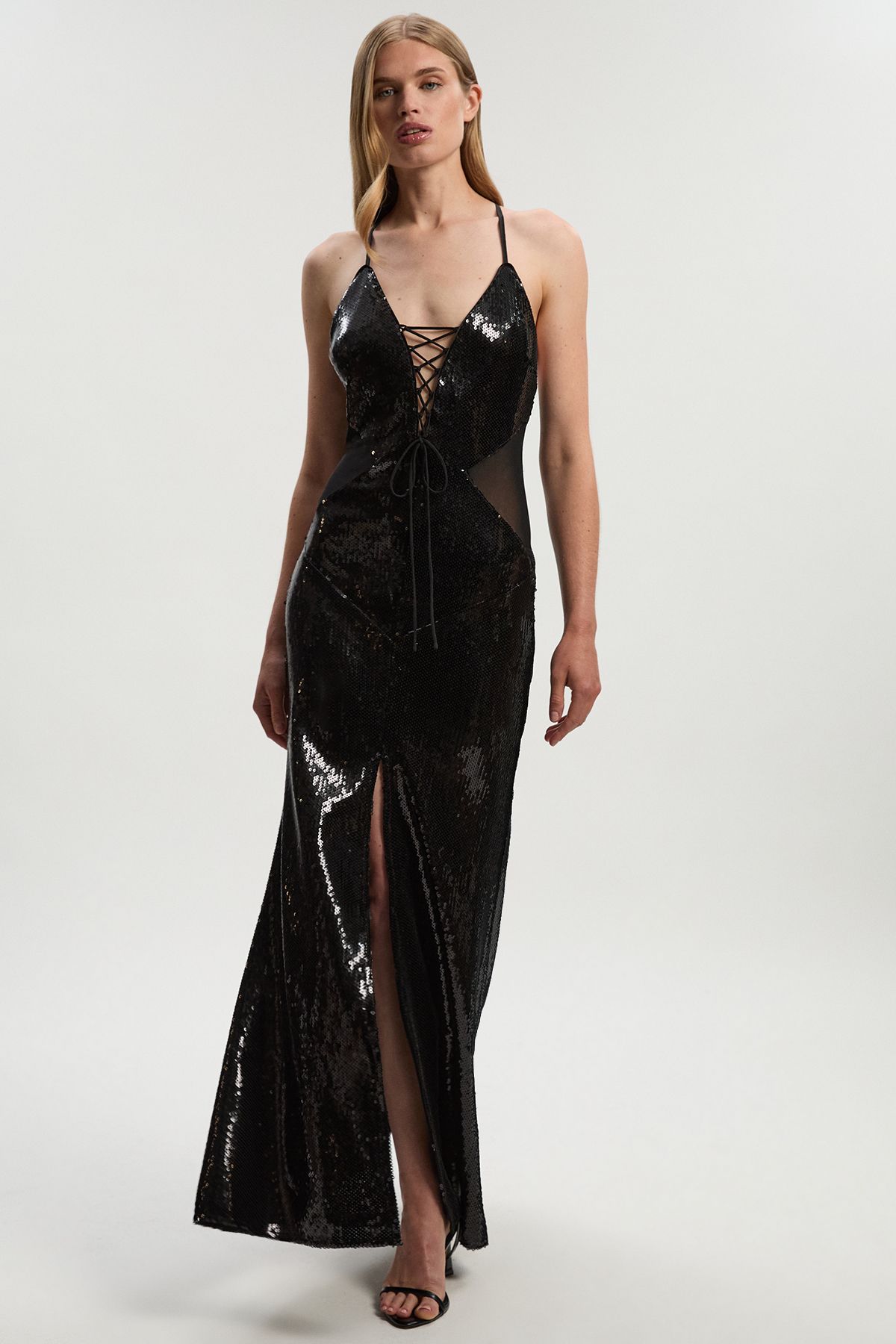 KarenMillen Sequin Power Mesh Lace Up Front Halter Neck Split Detail Maxi Dress