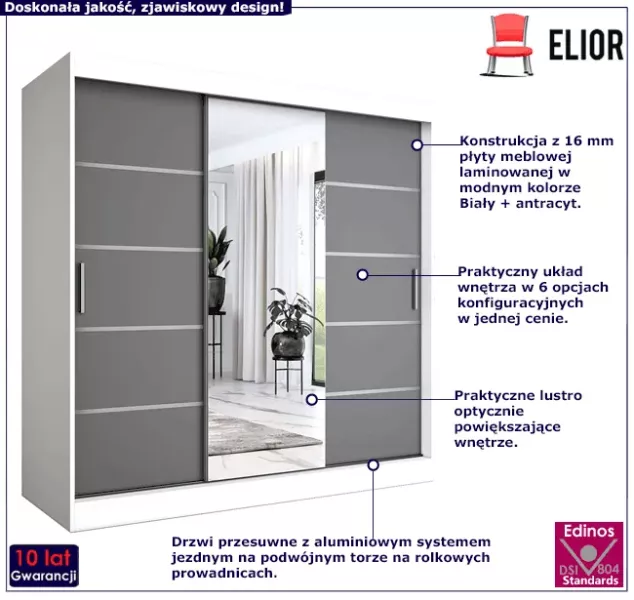 Szafa przesuwna 200 cm biały   antracyt - Zeeno
