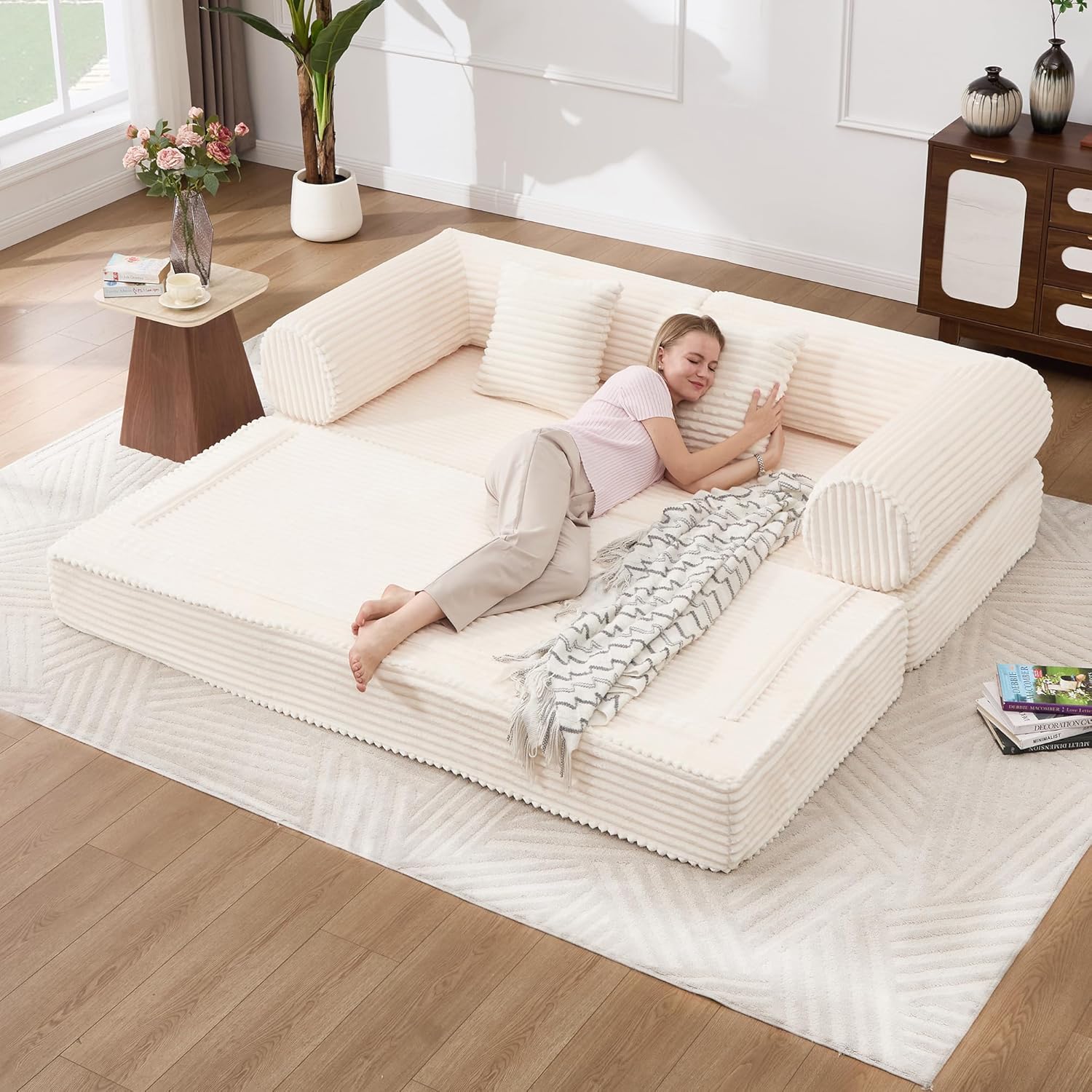 Tbfit 79'' Convertible Sofa Bed, Oversized Corduroy Folding Boneless Couch, Futon Mattress Sleeper Sofa, Comfy Foldable Upholstered Floor Couches for Living Room, Beige