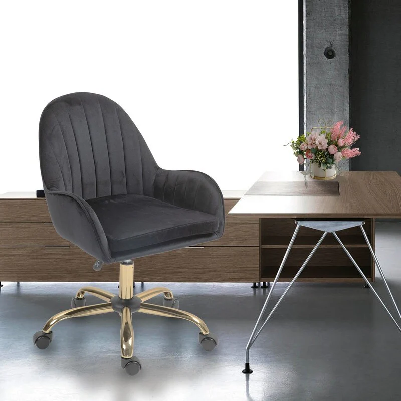 Velvet Home Office Chair with Wheels, Desk Chairs with Side Arms and Gold Metal Base