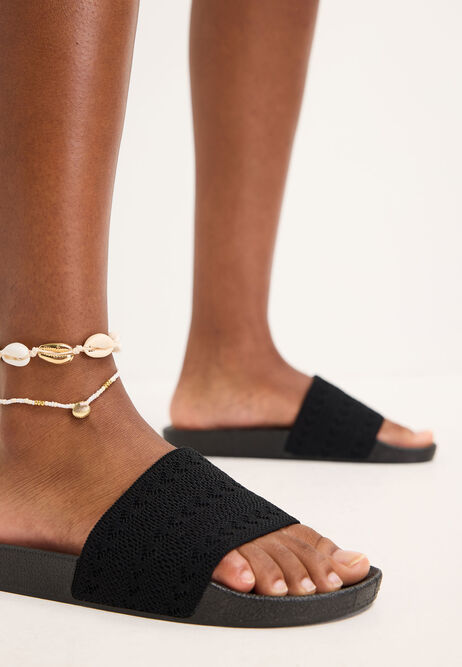 Womens Black Woven Slider Sandals