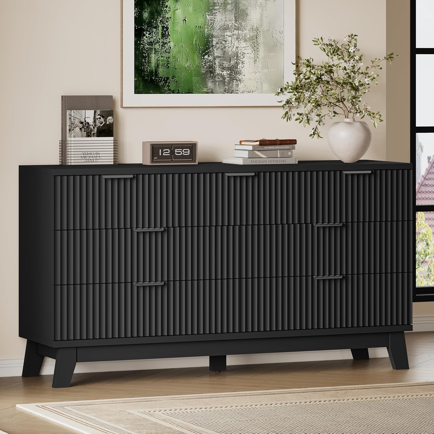 57 Long Dresser for Bedroom, 7-Drawer Fluted Chest, Wide Wood Storage Dresser with Metal Slides and Handles, Stable Base, Modern Clothes Organizer for Primary Suite, Guest Room, Nursery
