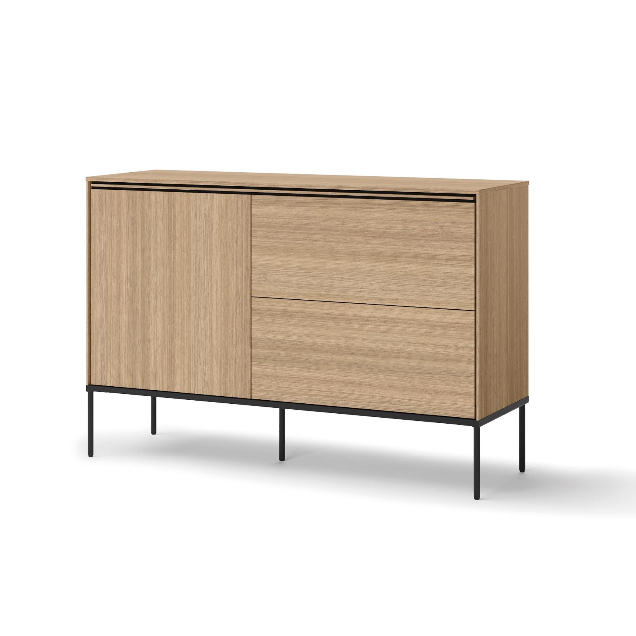 Komoda VISSO dąb linearny - 2 szuflady, drzwi z półką, klasyczny design