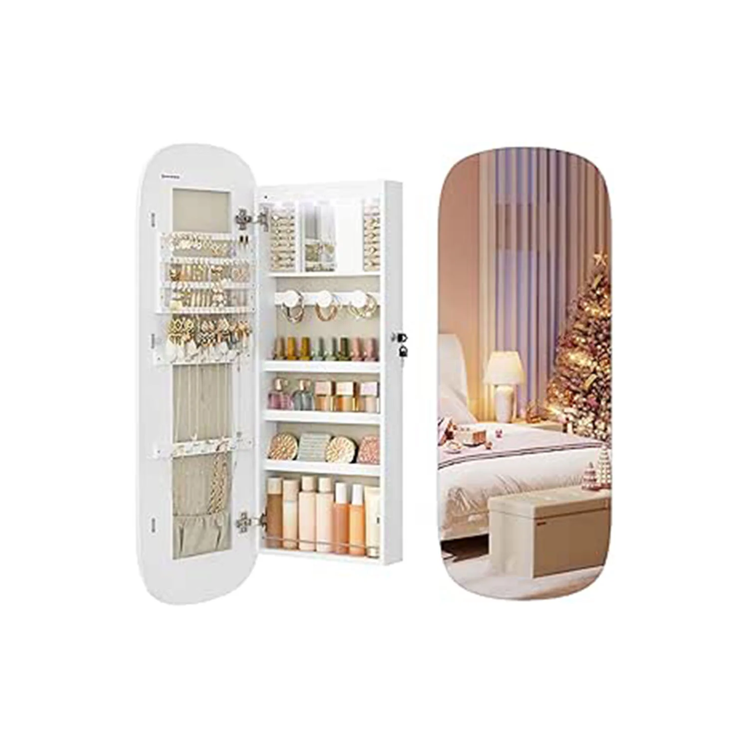 Armoire à bijoux mural avec miroir LED et serrure