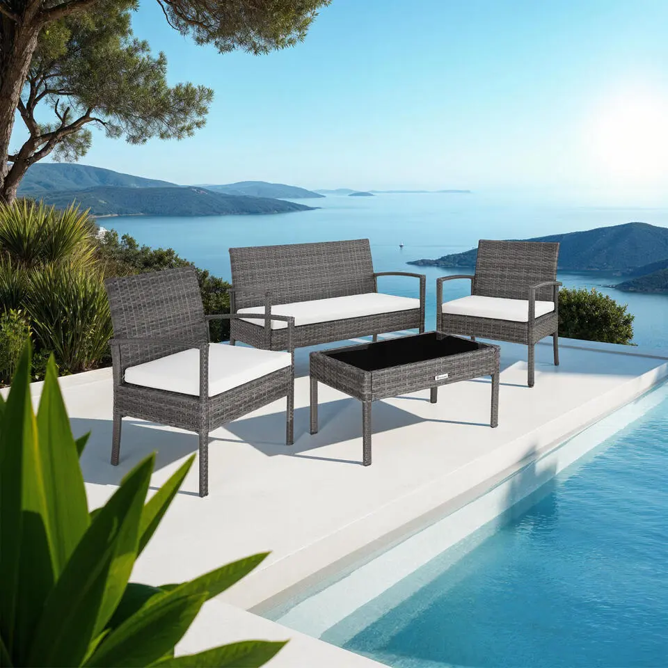 tectake - loungeset - bank, stoelen en tafel - wicker - grijs